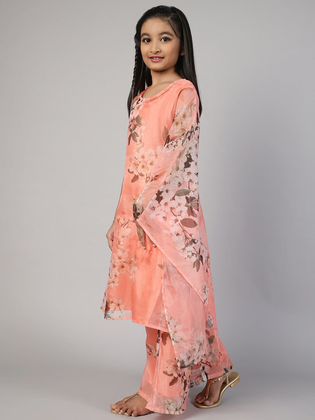 Peach Floral Printed Kurta With Palazzo - Elganza