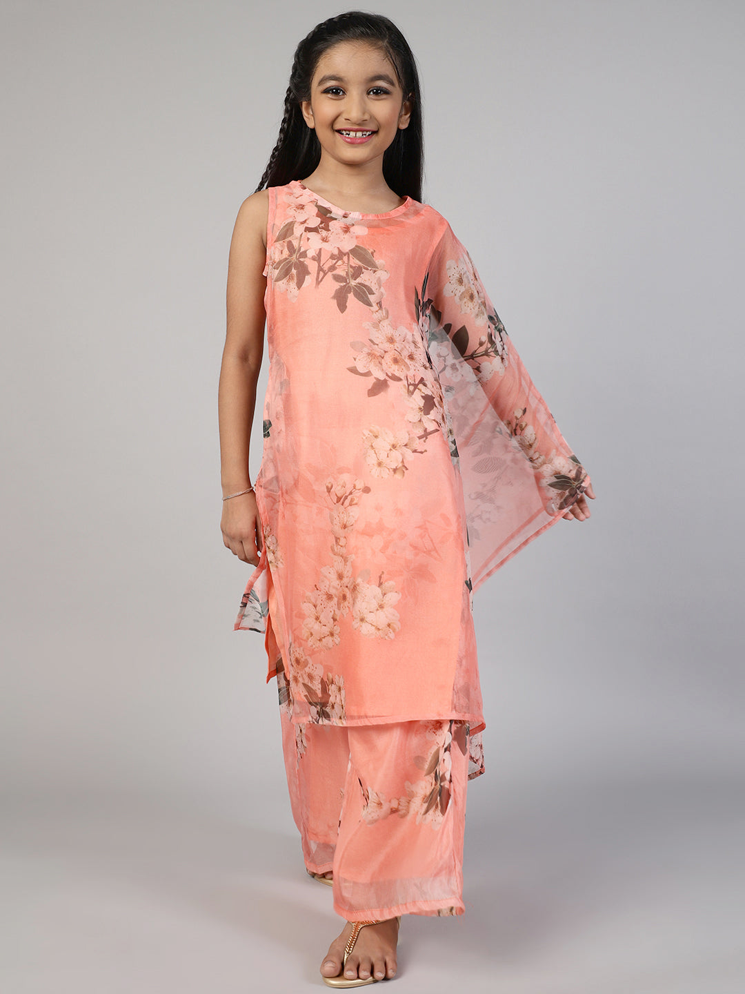 Peach Floral Printed Kurta With Palazzo - Elganza
