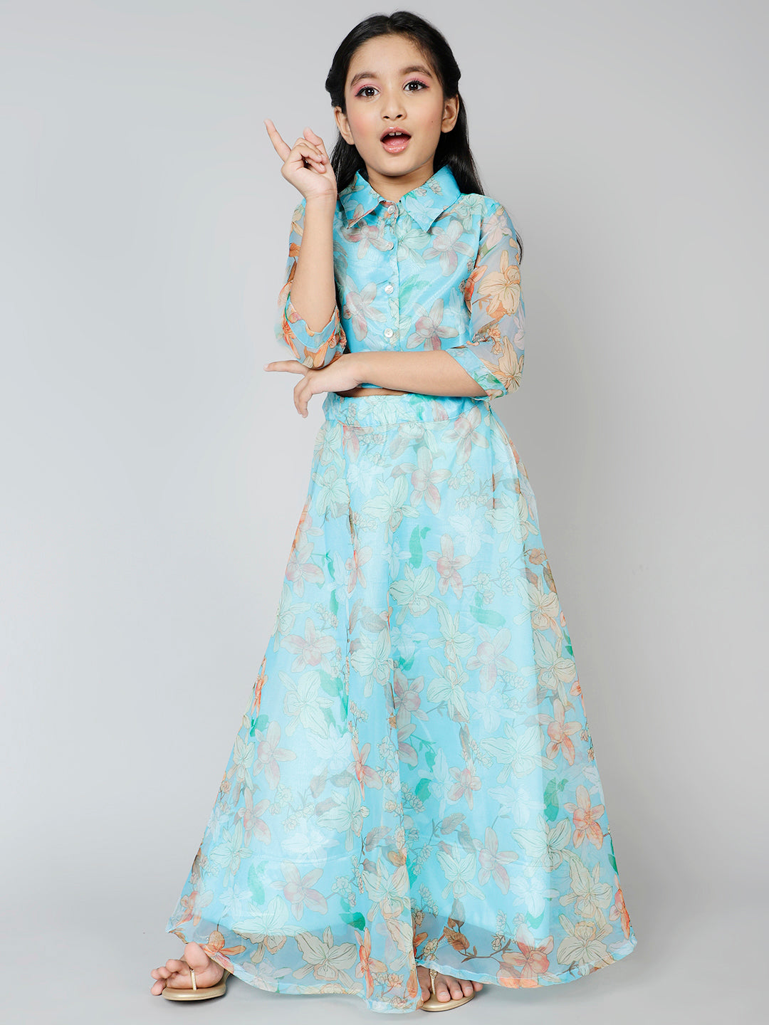 Pastel Blue Floral Print Lehenga Choli - Elganza