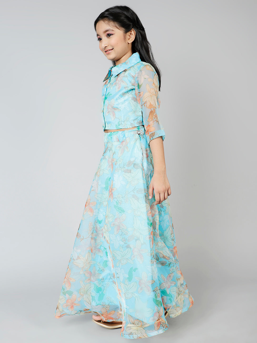 Pastel Blue Floral Print Lehenga Choli - Elganza