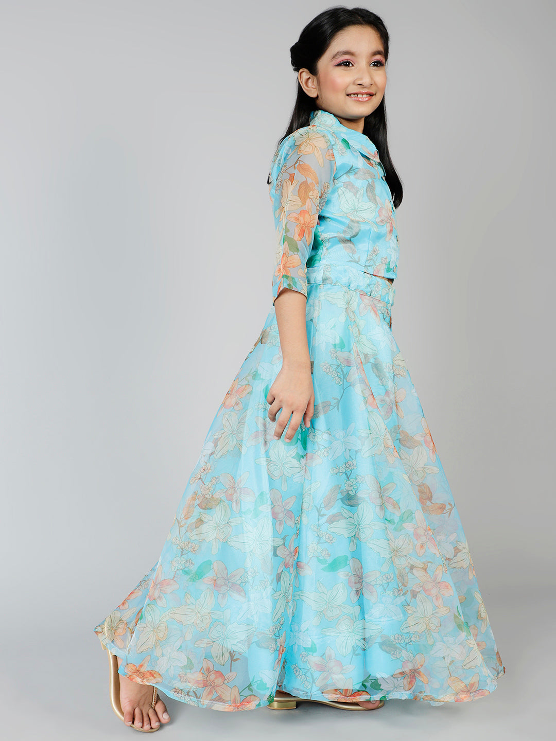 Pastel Blue Floral Print Lehenga Choli - Elganza