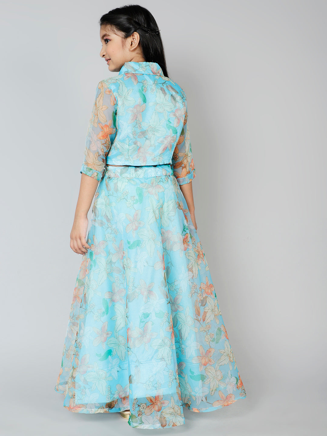 Pastel Blue Floral Print Lehenga Choli - Elganza