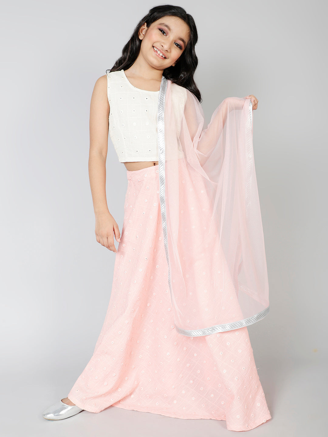 Pink Mirror Work Lehenga Choli With Dupatta - Elganza