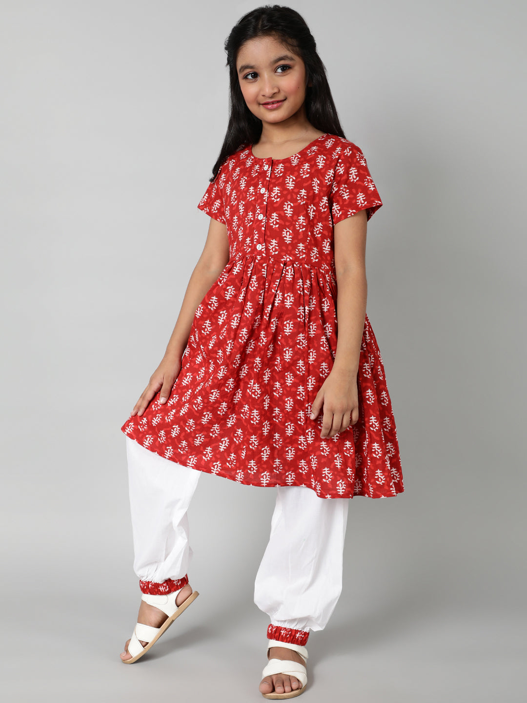 Red Printed Kurta With Palazzo - Elganza