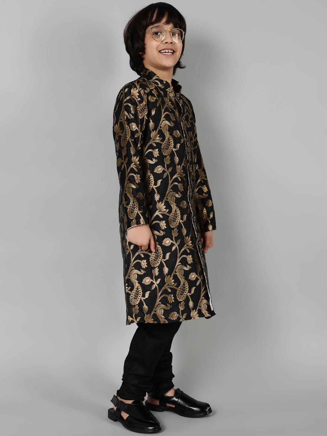 Black Jacquard Sherwani Set - Elganza