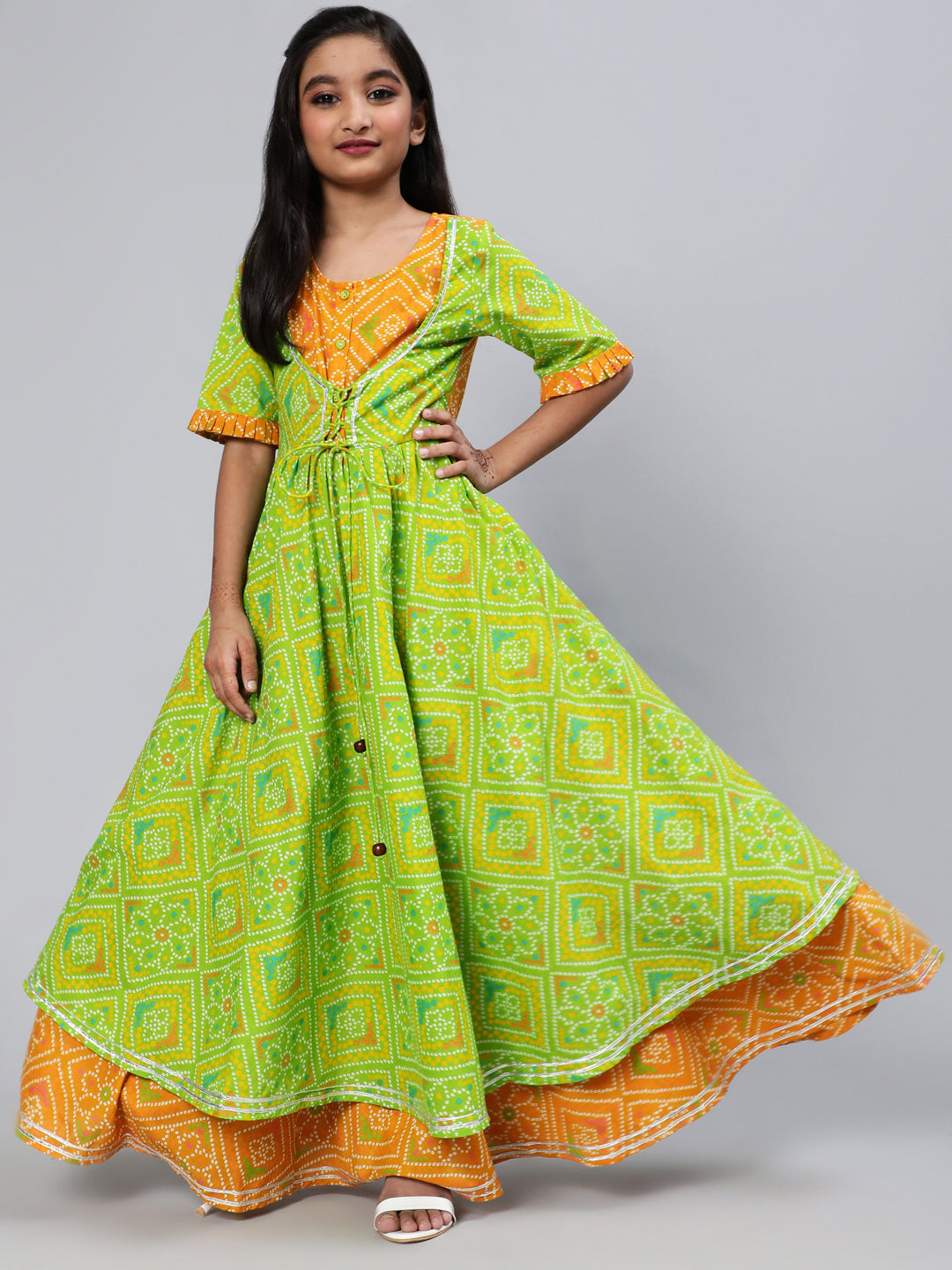 Green Bandhani Print Double Layered Maxi Dress - Elganza