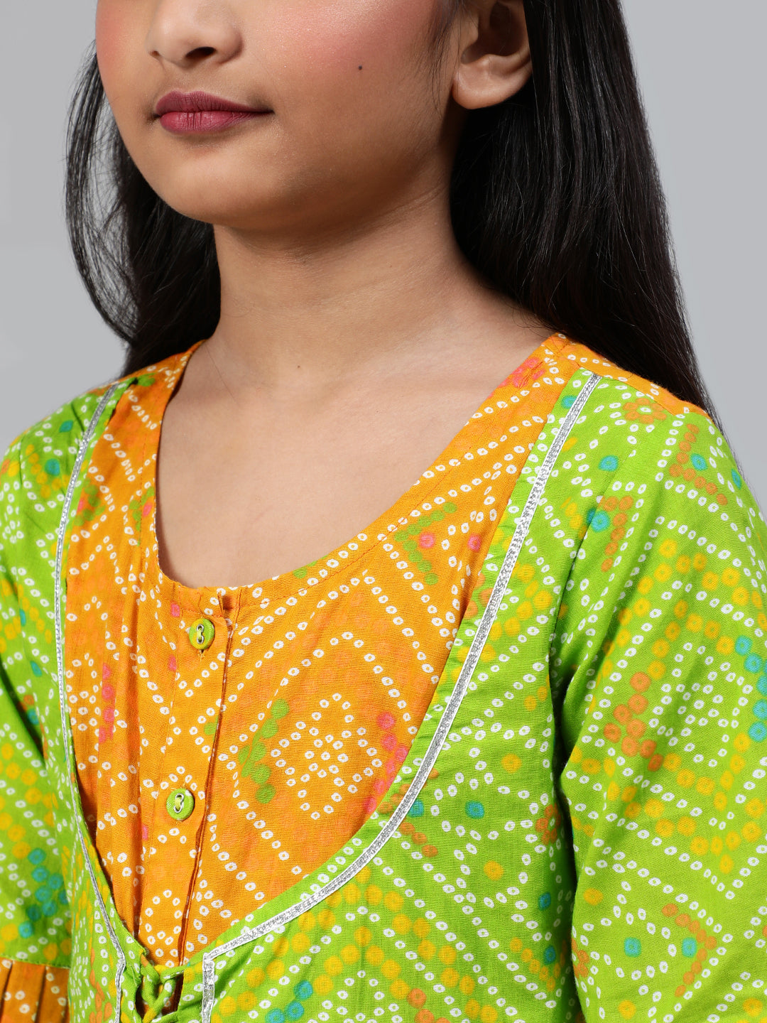 Green Bandhani Print Double Layered Maxi Dress - Elganza
