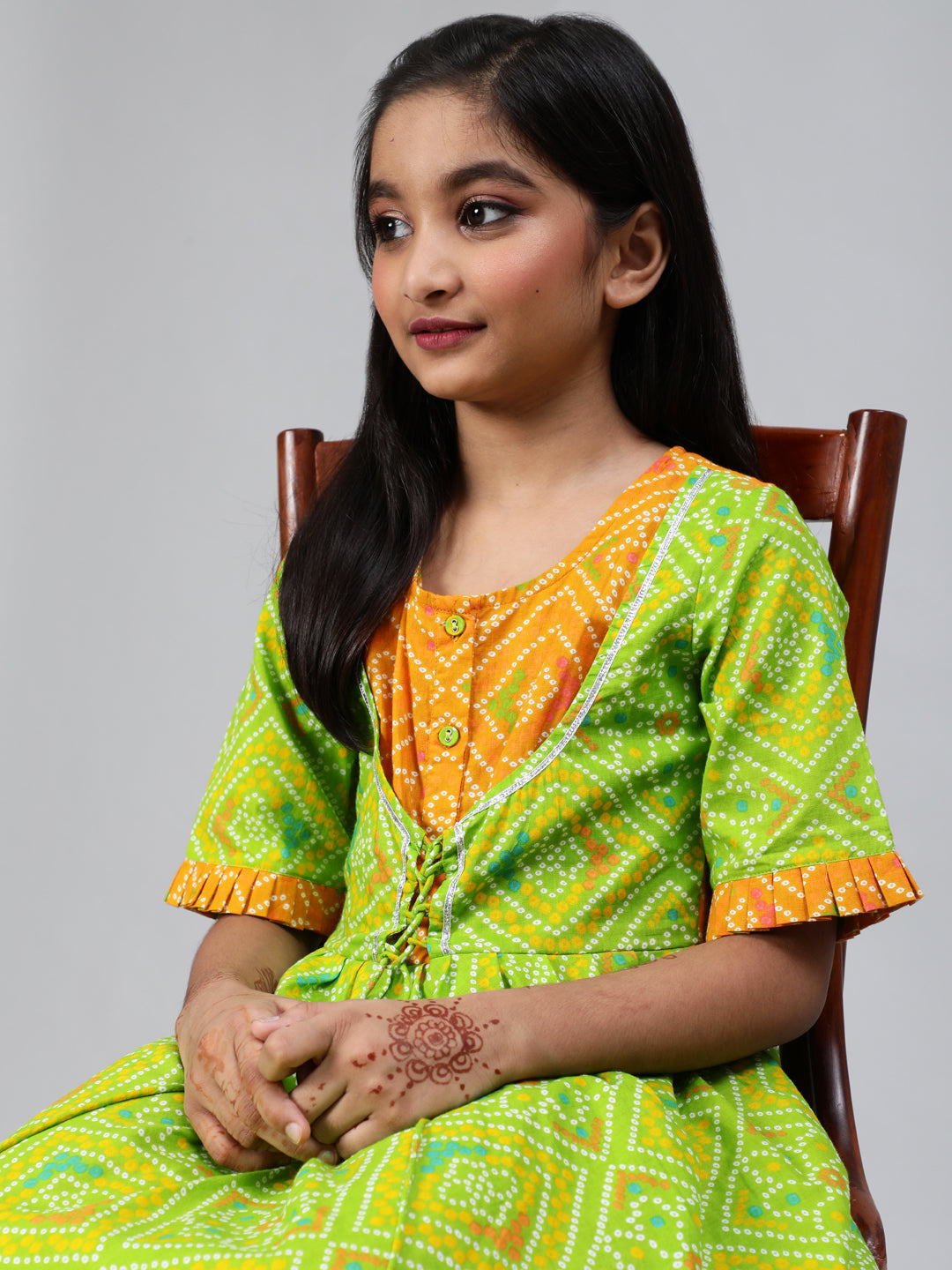 Green Bandhani Print Double Layered Maxi Dress - Elganza
