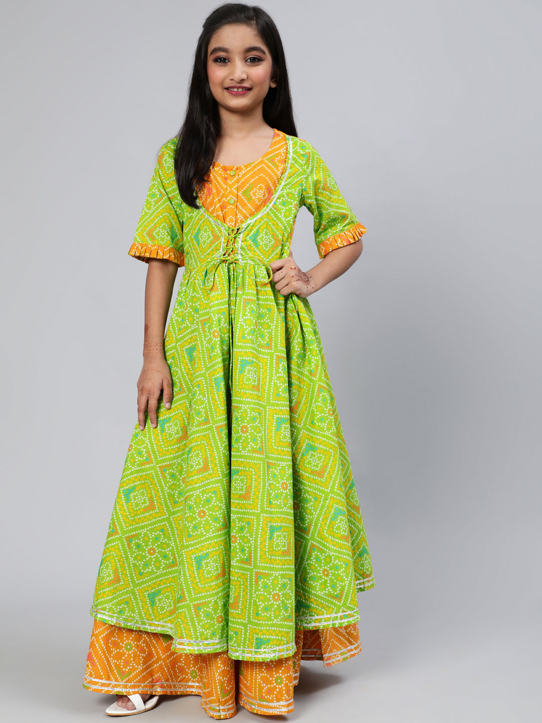 Green Bandhani Print Double Layered Maxi Dress - Elganza