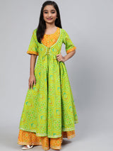 Green Bandhani Print Double Layered Maxi Dress - Elganza