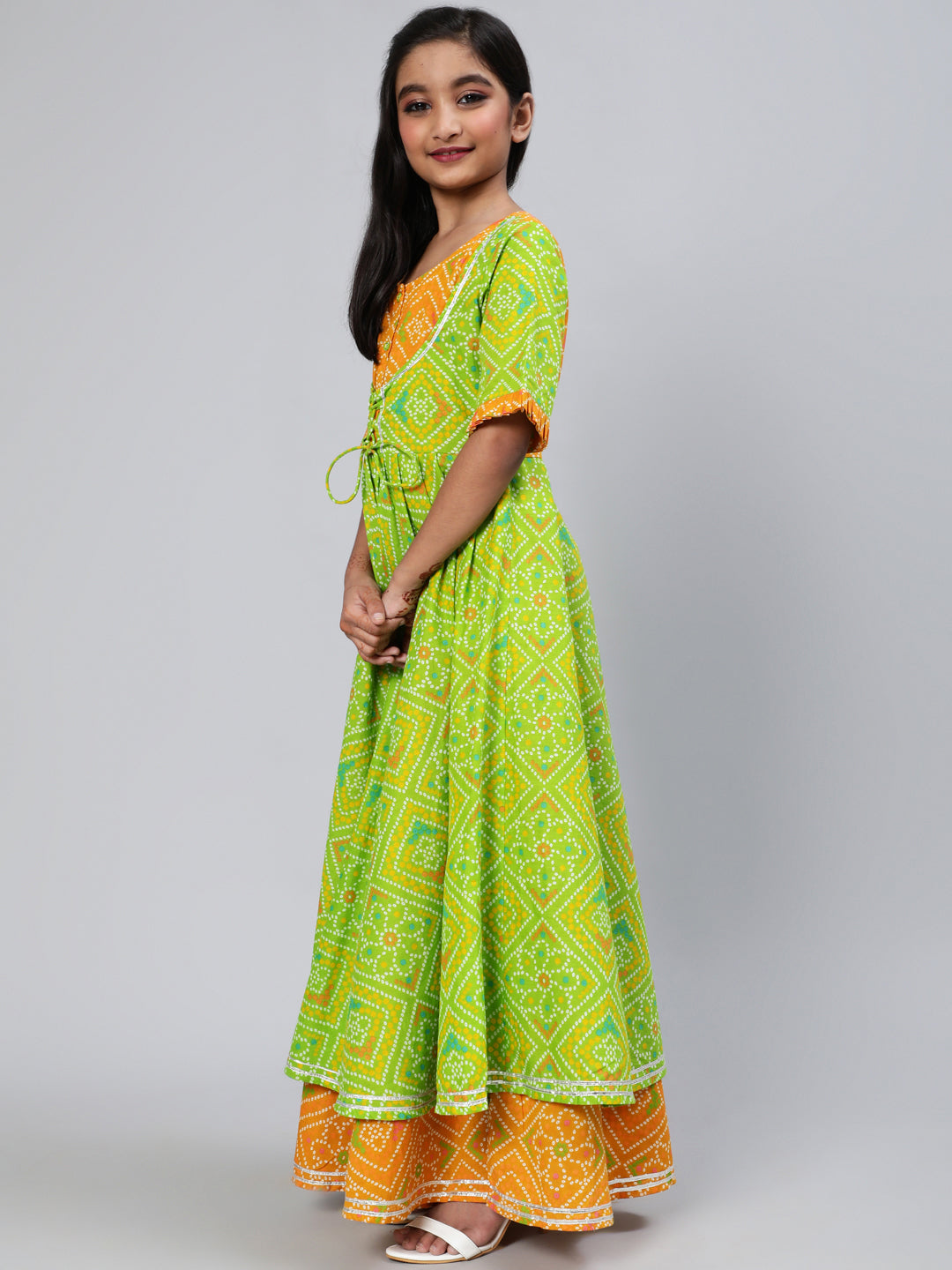 Green Bandhani Print Double Layered Maxi Dress - Elganza