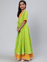 Green Bandhani Print Double Layered Maxi Dress - Elganza