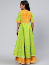 Green Bandhani Print Double Layered Maxi Dress - Elganza