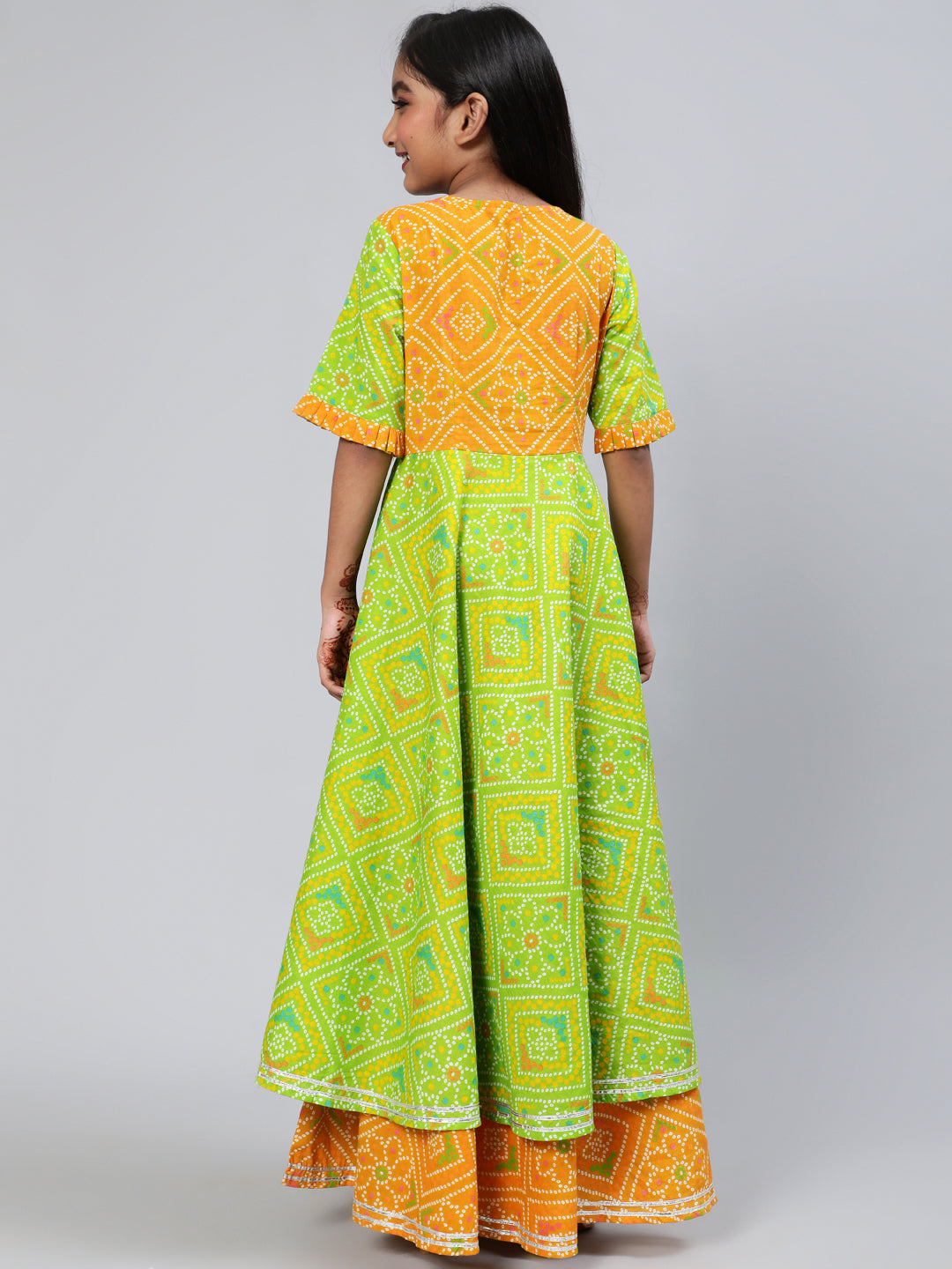 Green Bandhani Print Double Layered Maxi Dress - Elganza
