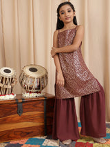 Burgundy Foil Printed Kurta With Sharara - Elganza