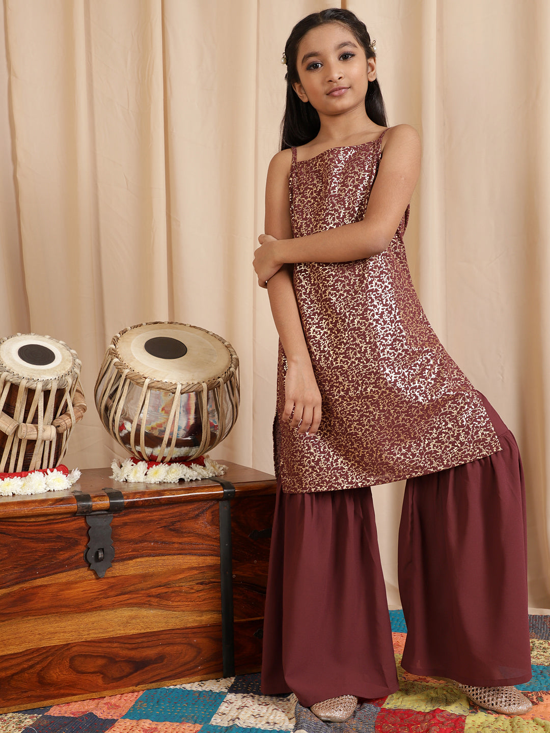 Burgundy Foil Printed Kurta With Sharara - Elganza