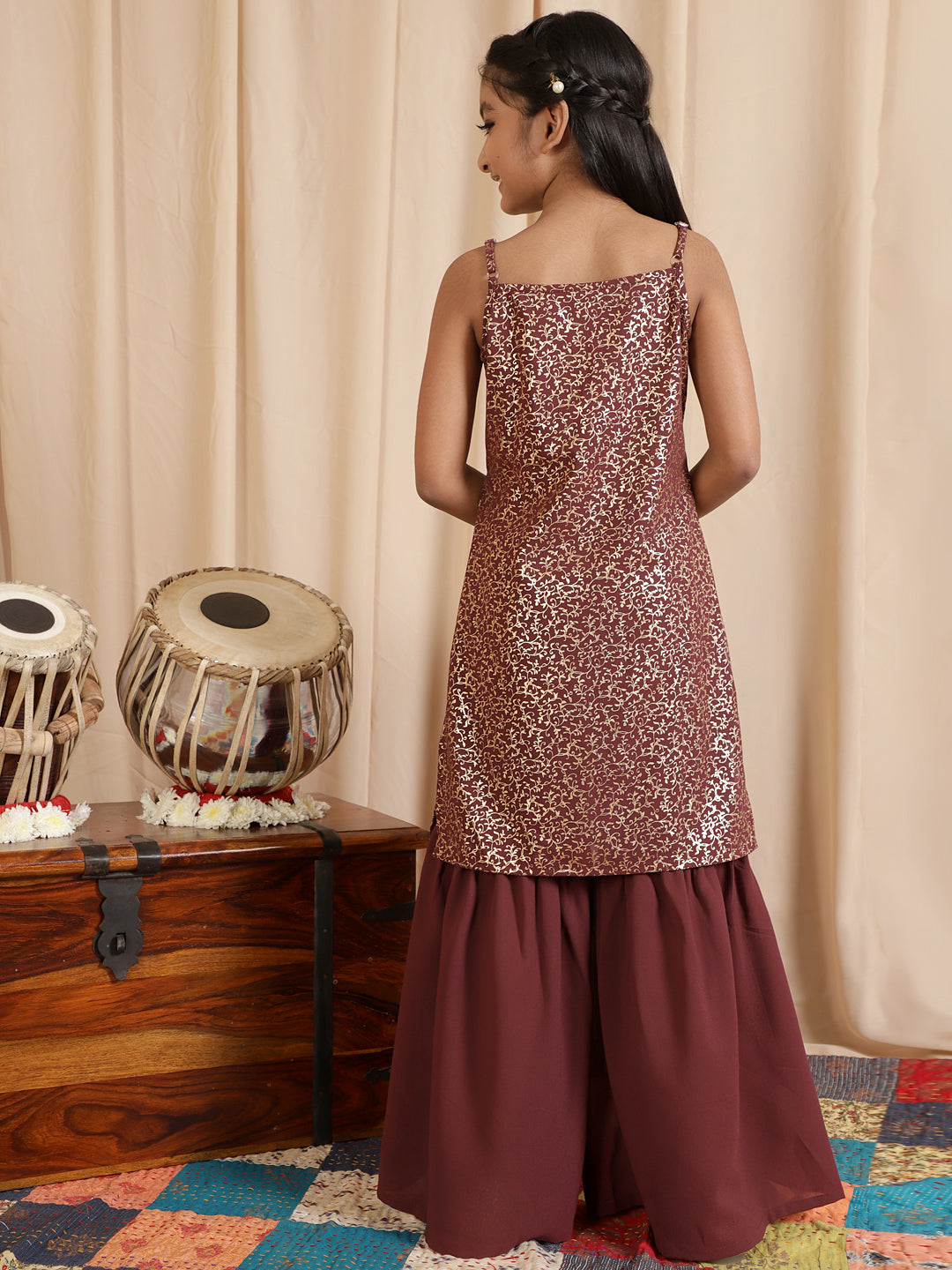 Burgundy Foil Printed Kurta With Sharara - Elganza