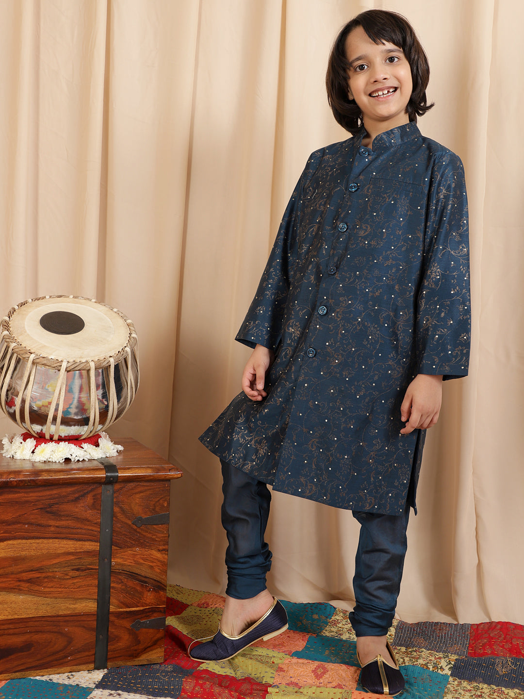 Blue Printed Sherwani With Churidar - Elganza