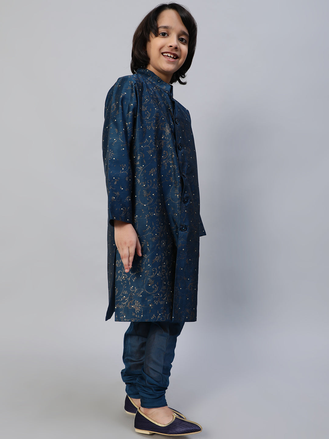 Blue Printed Sherwani With Churidar - Elganza