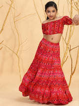 Red Gold Bandhani Print Crop Top With Skirt - Elganza