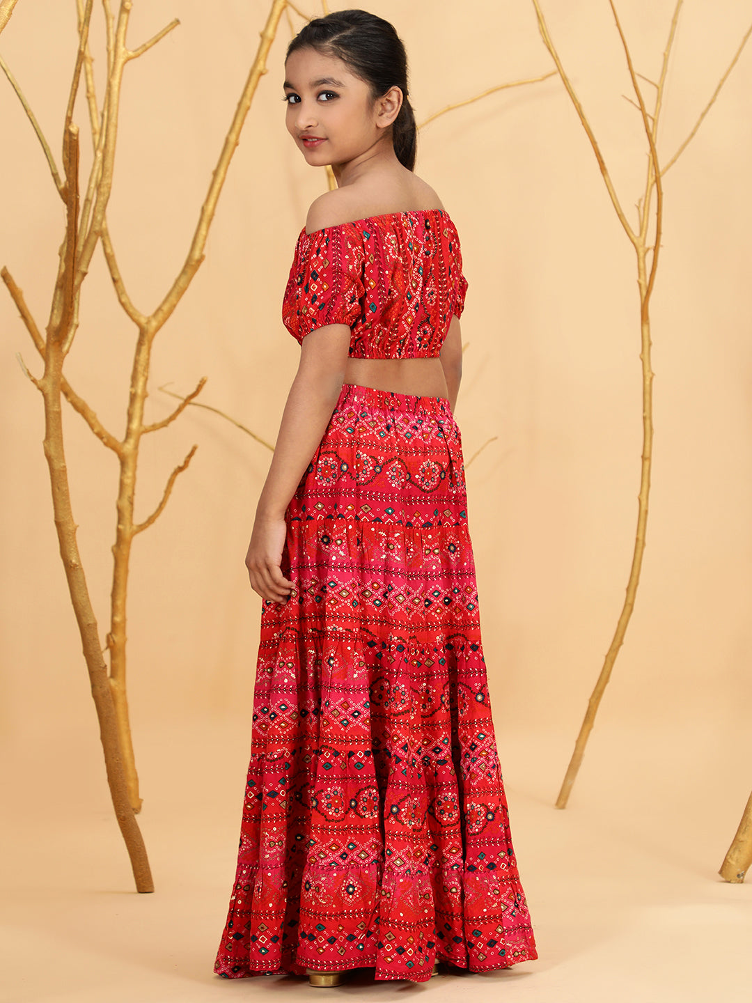 Red Gold Bandhani Print Crop Top With Skirt - Elganza
