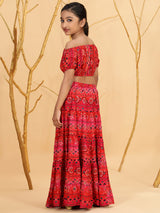Red Gold Bandhani Print Crop Top With Skirt - Elganza