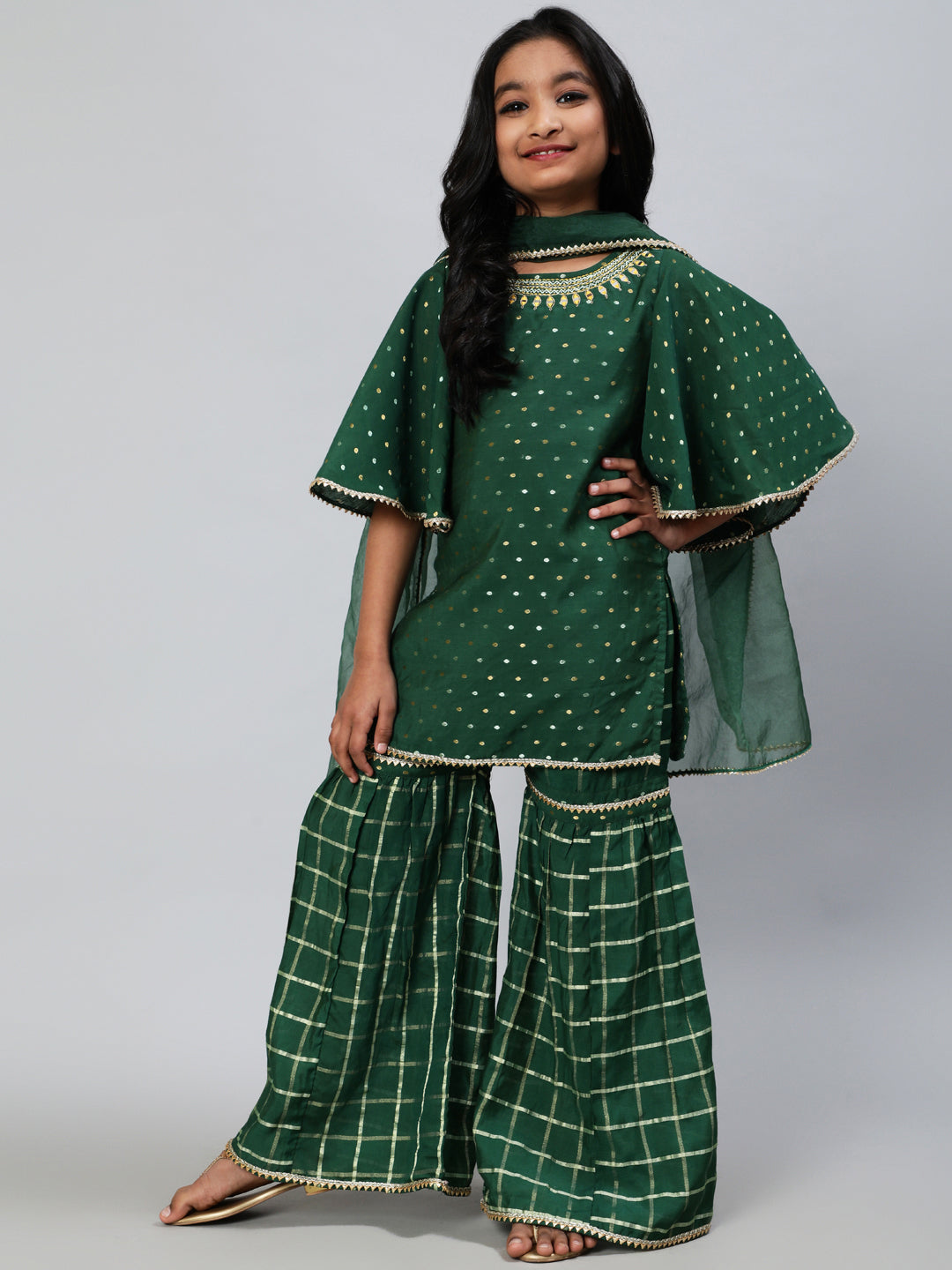 Green Embellished Kurta Sharara With Dupatta - Elganza