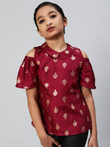 Burgundy Foil Printed Cold Shoulder Top - Elganza