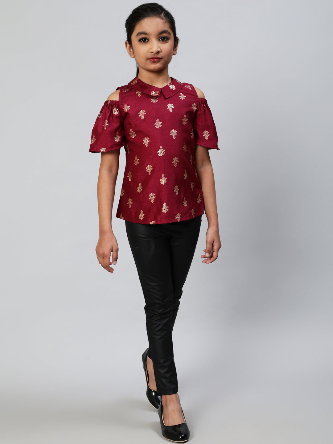 Burgundy Foil Printed Cold Shoulder Top - Elganza