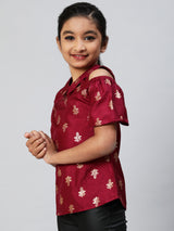 Burgundy Foil Printed Cold Shoulder Top - Elganza