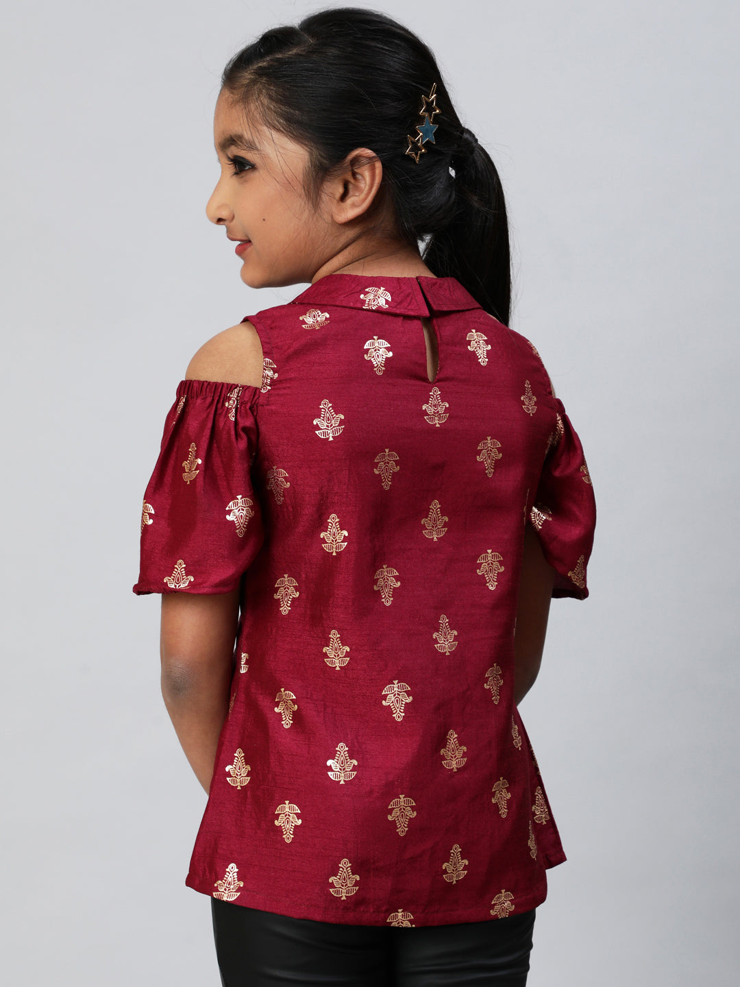 Burgundy Foil Printed Cold Shoulder Top - Elganza