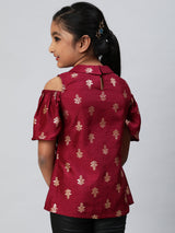 Burgundy Foil Printed Cold Shoulder Top - Elganza