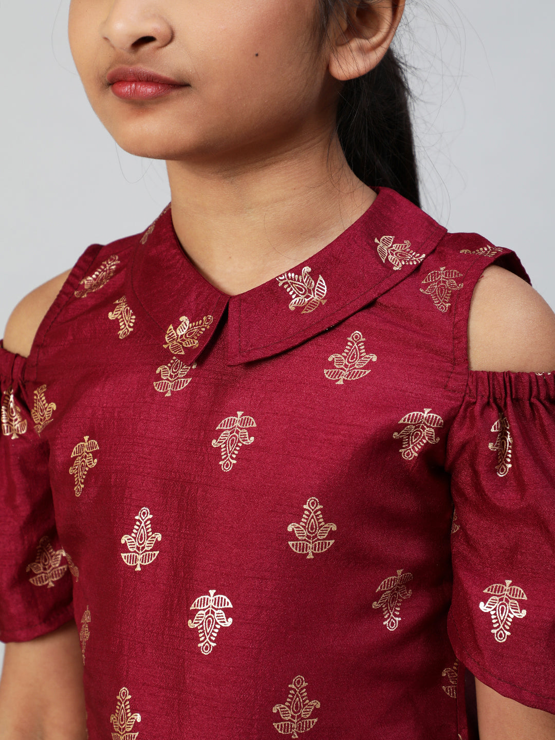 Burgundy Foil Printed Cold Shoulder Top - Elganza