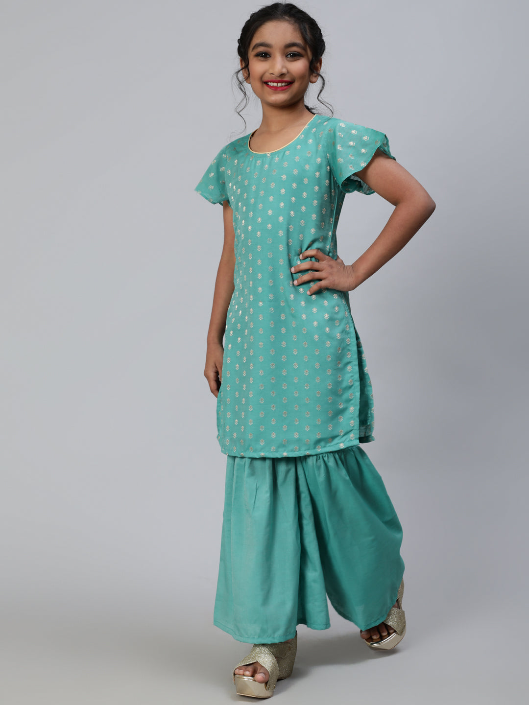 Green Woven Kurta With Sharara - Elganza