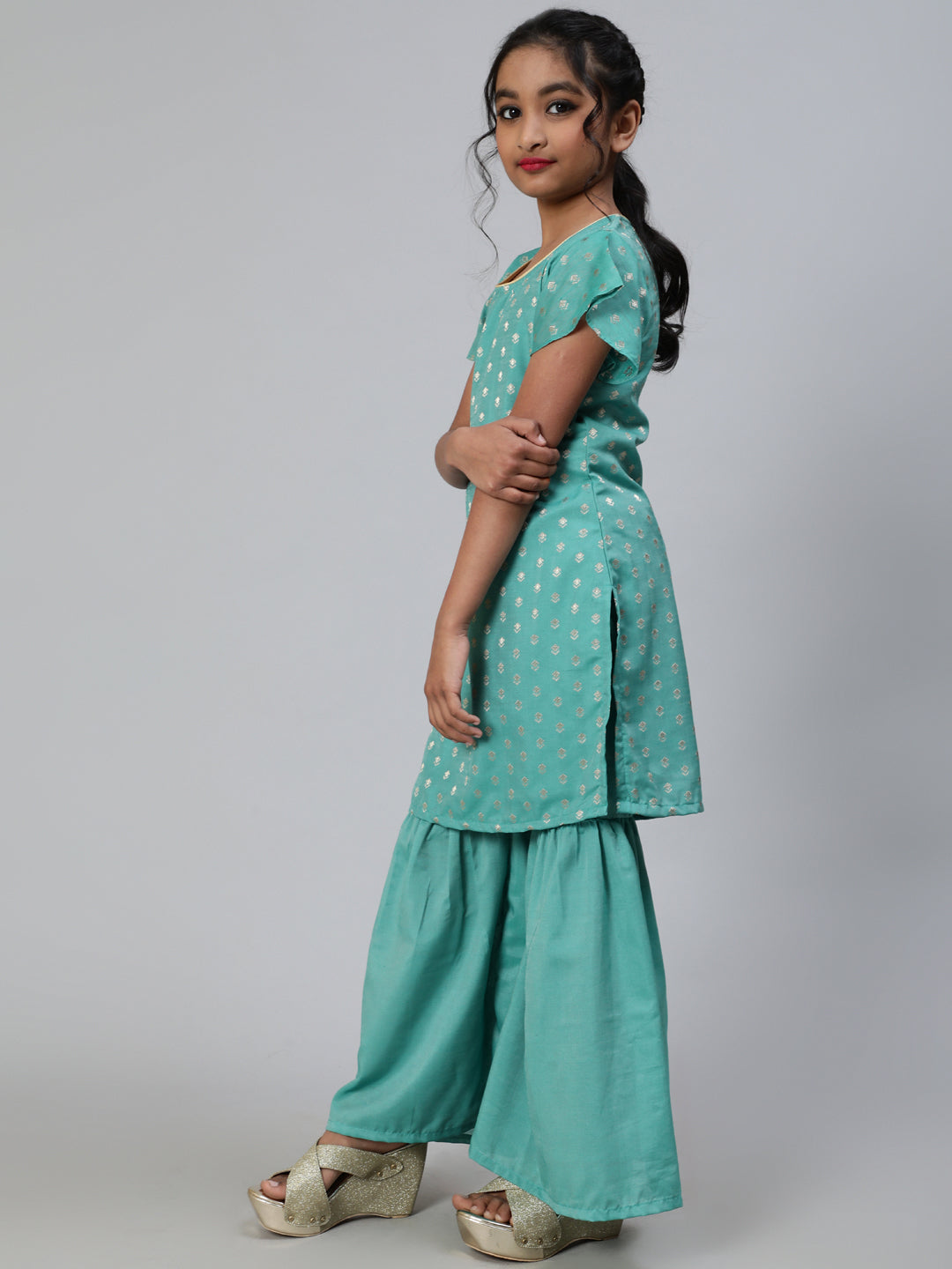 Green Woven Kurta With Sharara - Elganza