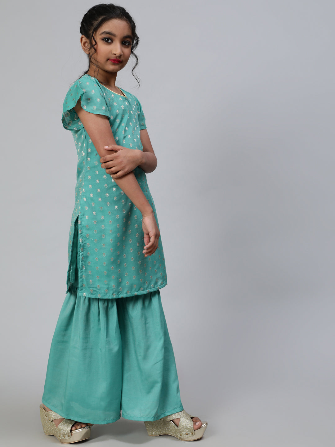 Green Woven Kurta With Sharara - Elganza
