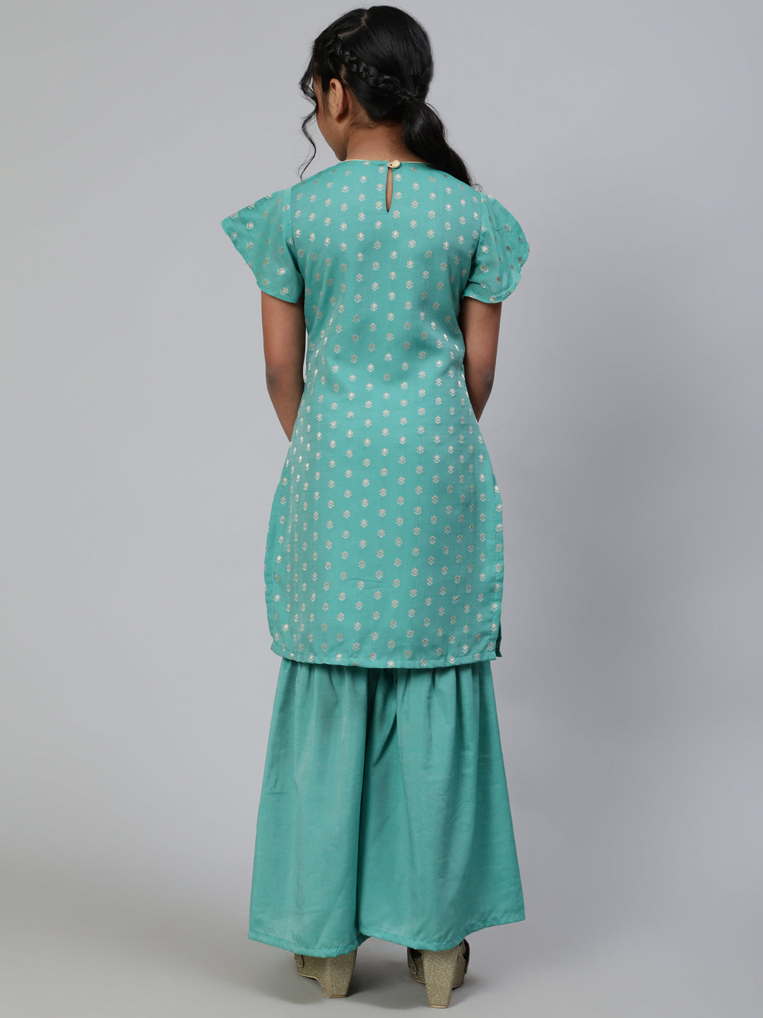 Green Woven Kurta With Sharara - Elganza