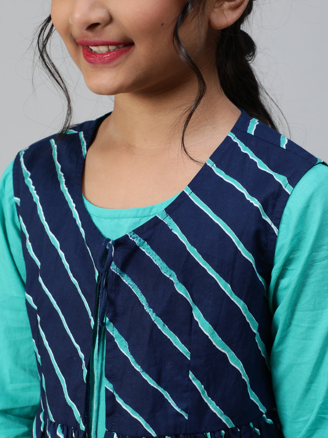 Blue Leheriya Print Kurta Skirt With Jacket - Elganza