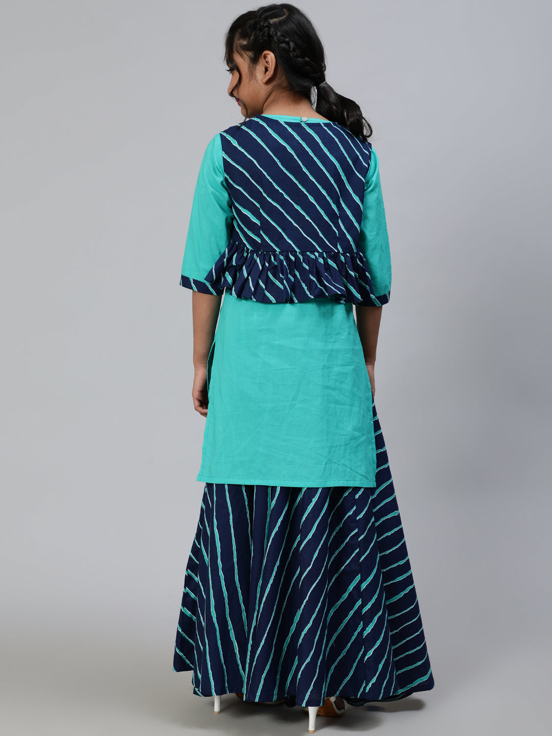 Blue Leheriya Print Kurta Skirt With Jacket - Elganza
