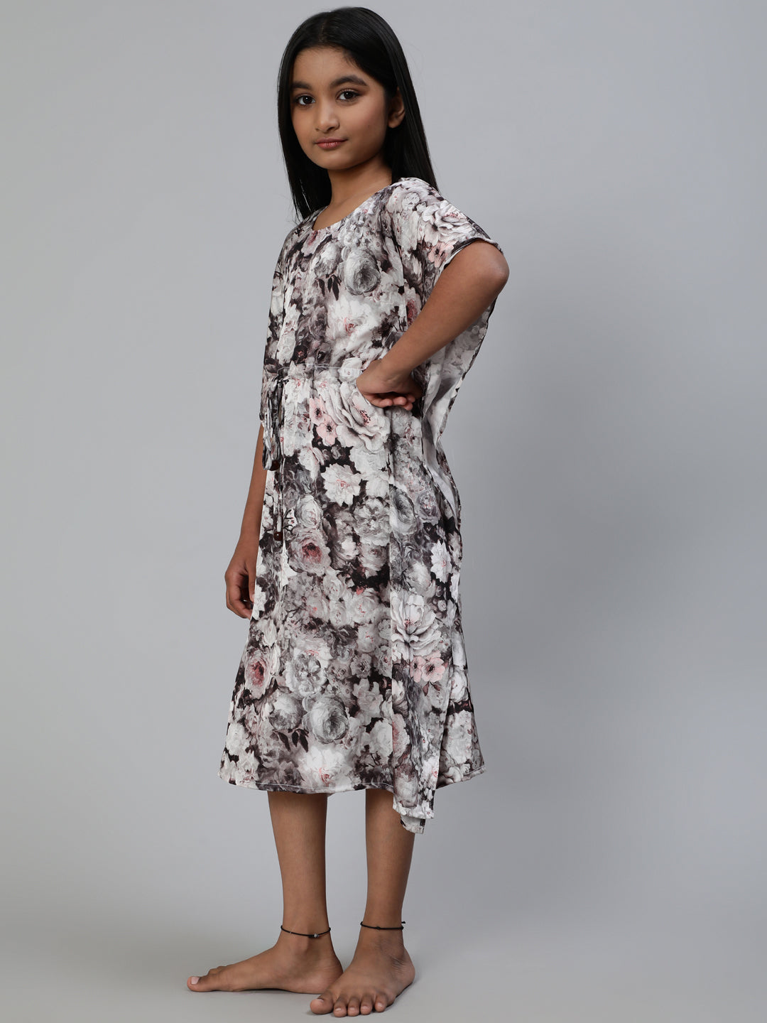 White Floral Print Kaftan Dress - Elganza
