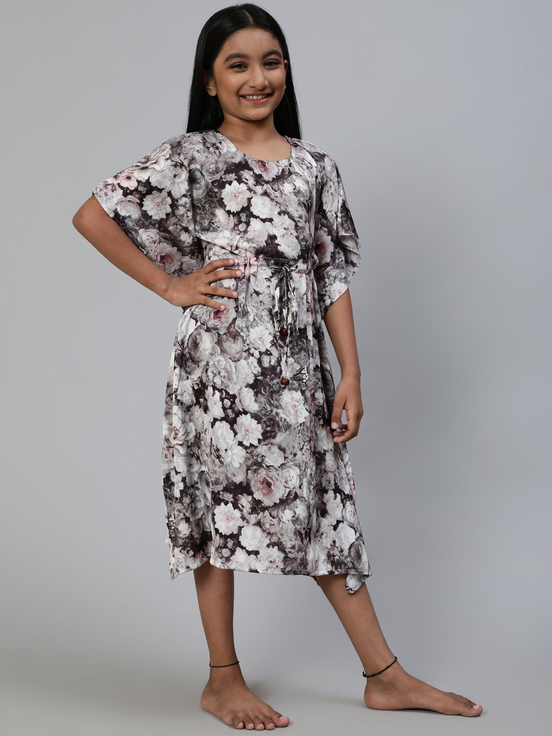 White Floral Print Kaftan Dress - Elganza