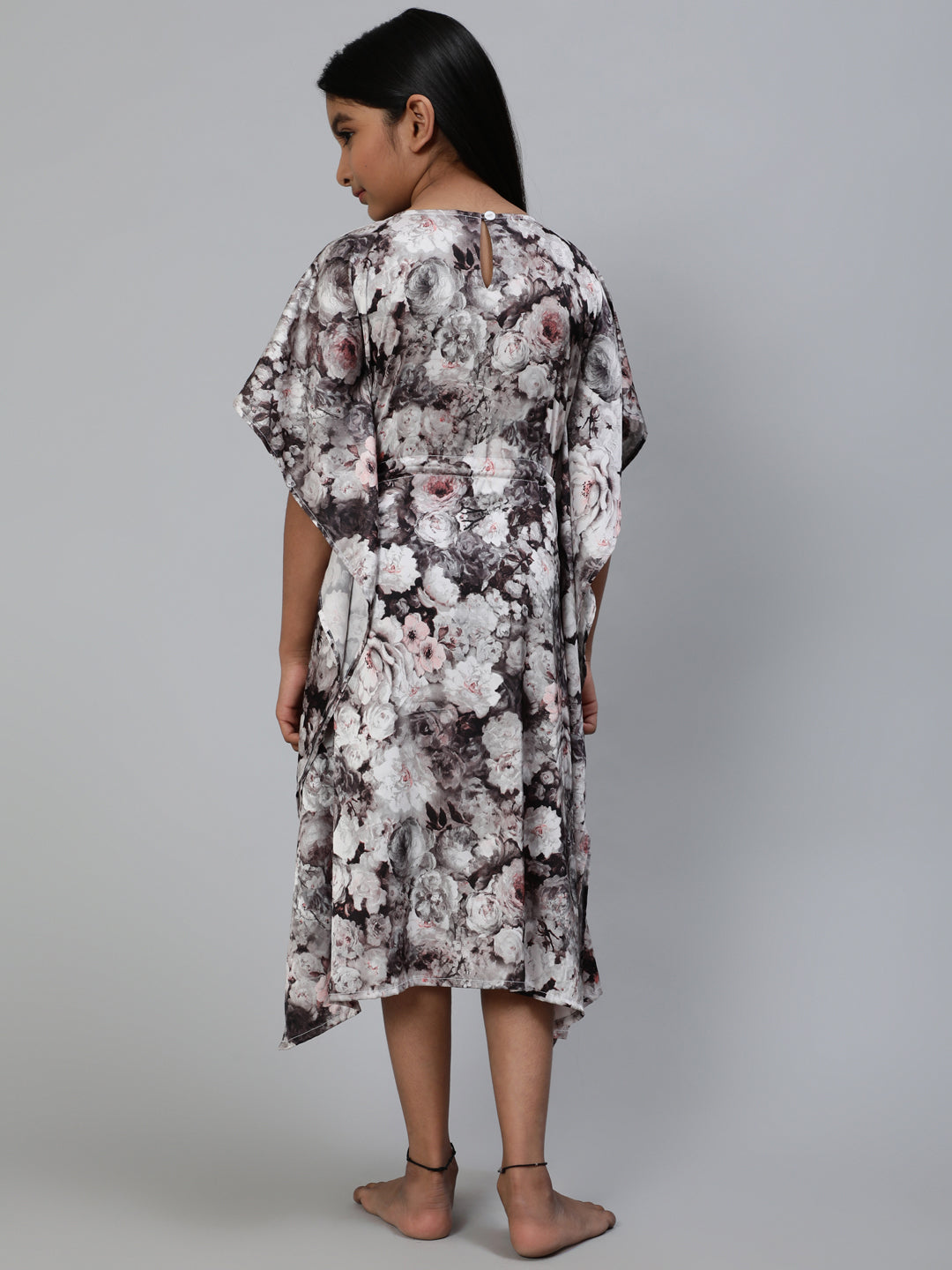 White Floral Print Kaftan Dress - Elganza