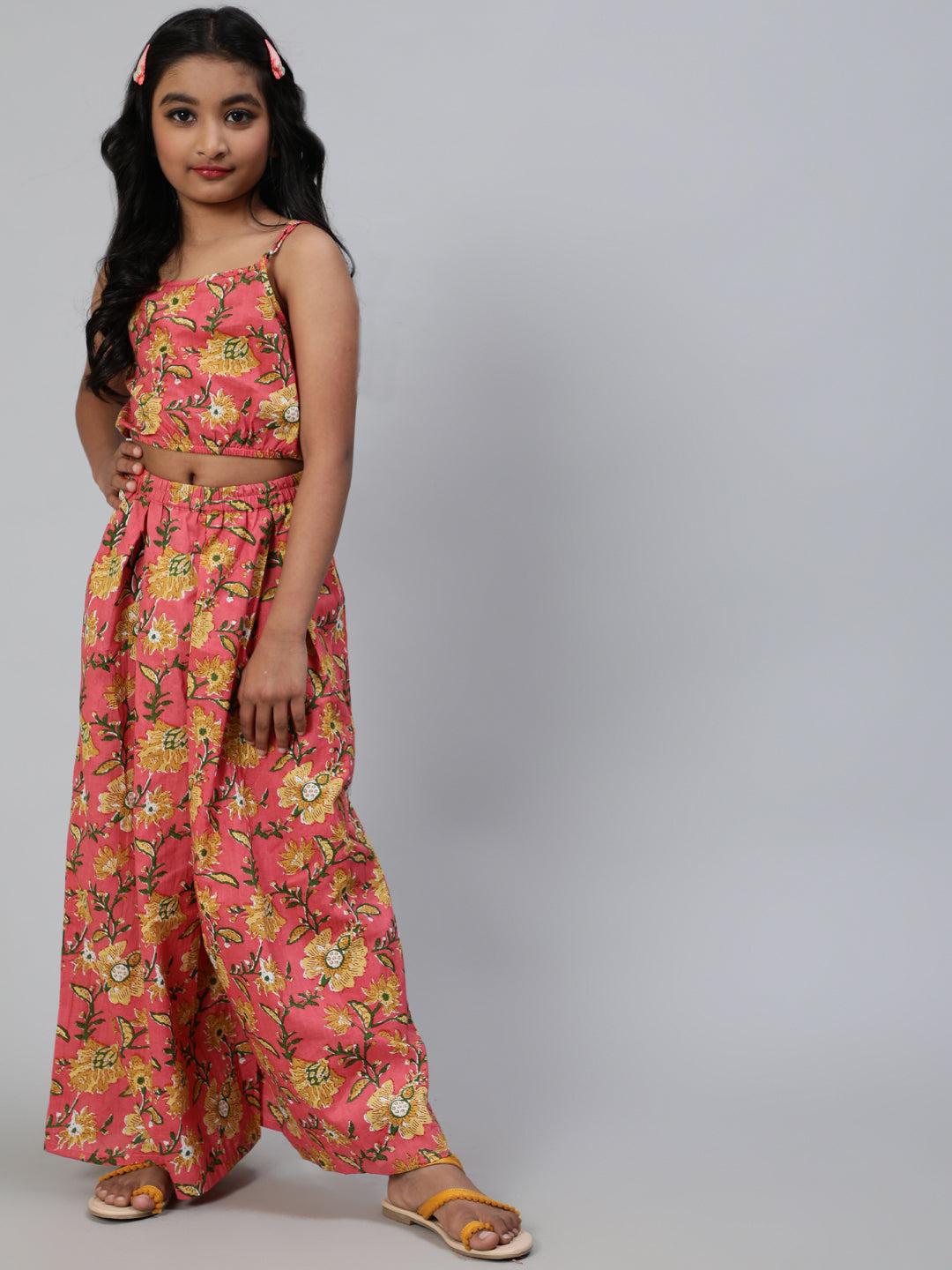 Pink Floral Print Crop Top With Palazzo - Elganza