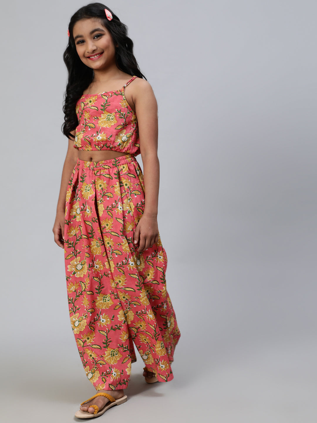Pink Floral Print Crop Top With Palazzo - Elganza