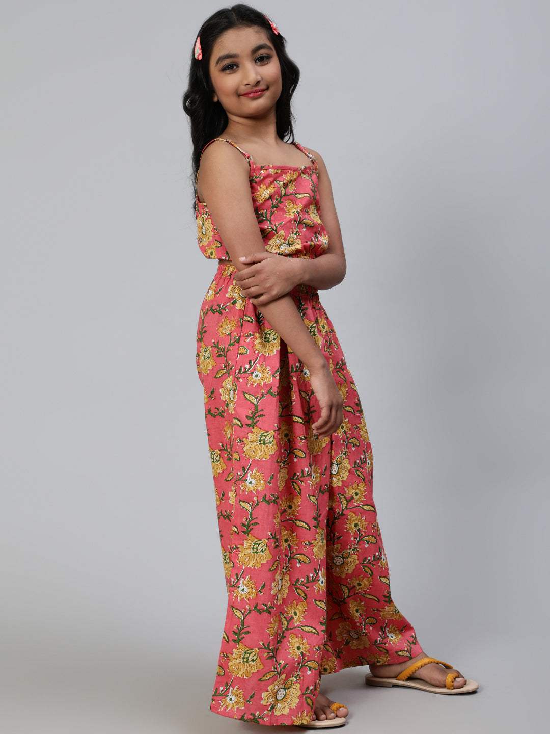 Pink Floral Print Crop Top With Palazzo - Elganza