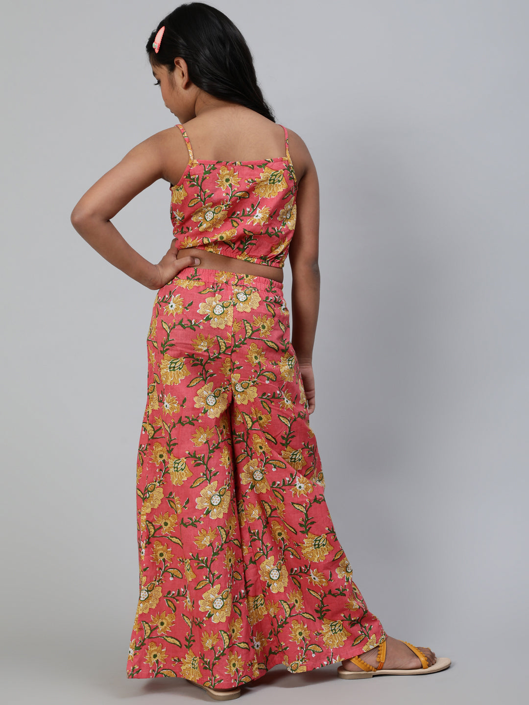 Pink Floral Print Crop Top With Palazzo - Elganza