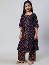 Blue Floral Print Double Layered Kurta With Palazzo - Elganza