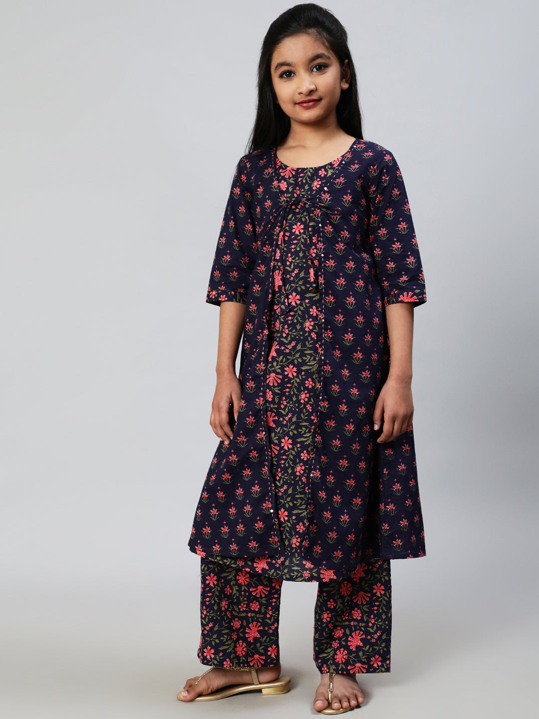 Blue Floral Print Double Layered Kurta With Palazzo - Elganza