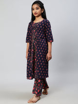 Blue Floral Print Double Layered Kurta With Palazzo - Elganza