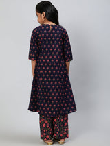Blue Floral Print Double Layered Kurta With Palazzo - Elganza
